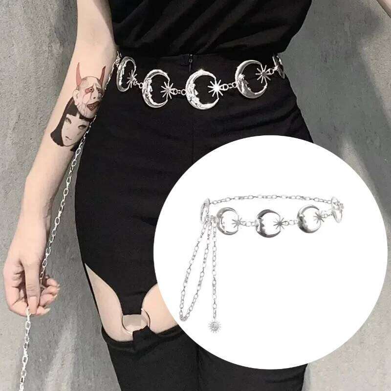 Moon Punk Metal Hip Hop Waist Vintage All-match Womans Dress Jeans Y2k Style Body Chain Belt for Women H260228