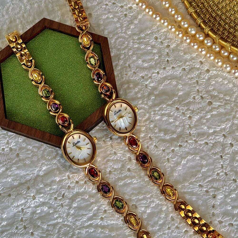 1pc New High-End Luxury Women's Embedded With Colorful Tourmalines, Diamonds And An Oval Shaped Mother Of Pearl Dial. H260228