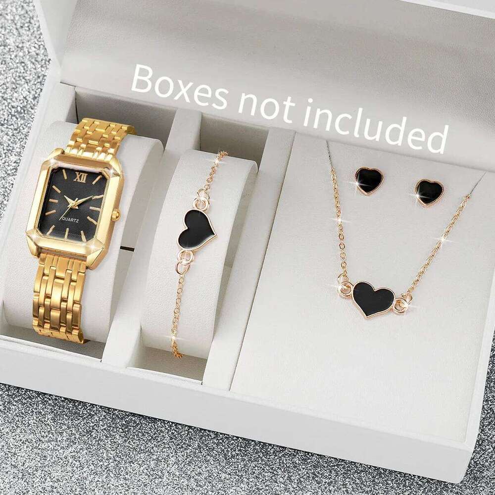 5PCS Elegant Rectangle Women es Heart Jewelry Set Ladies Alloy Strap Quartz Wrist Reloj Mujer Without Box H260228