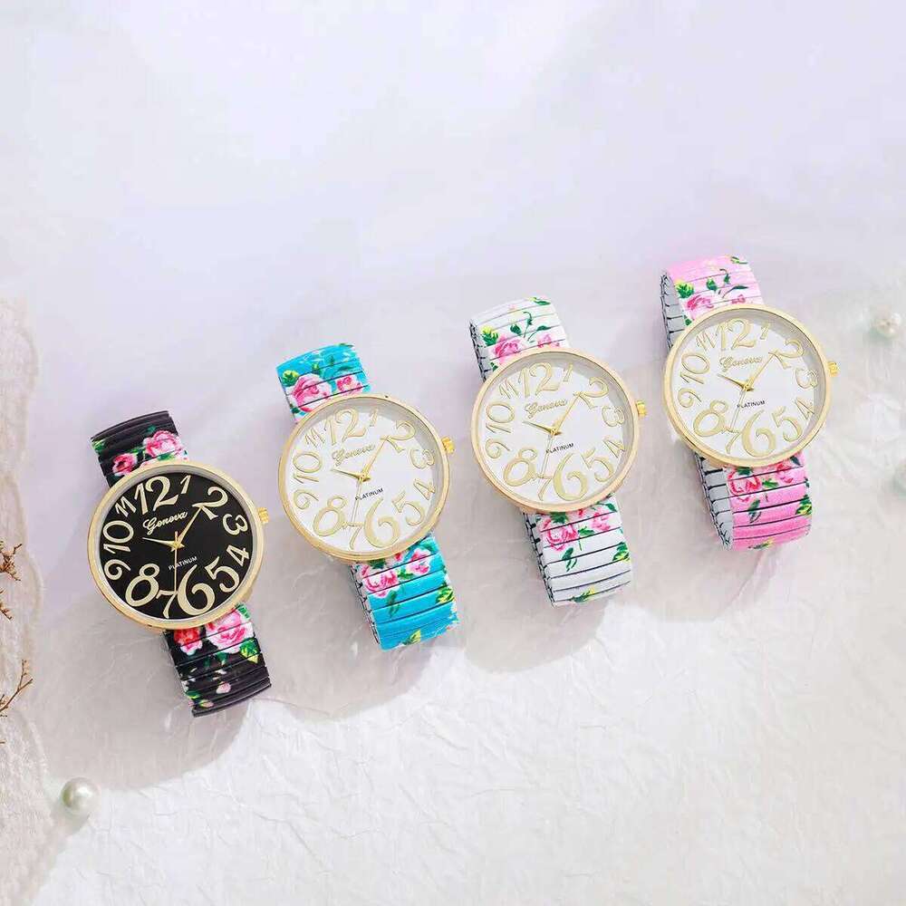 Fashion Flowers Printed Women Elastic Strap Female Arabic Quartz es Reloj Mujer Girls Clock GiftWithout Box H260228
