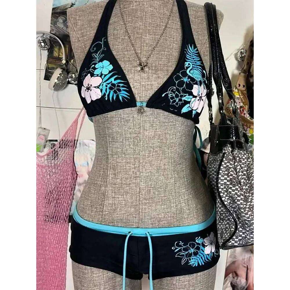 Vintage Flower Print Cutie Set Bikini 2000s Swimsuit Sexy Women Bathing Fashion Halter Strap Swimwear High Street Beach Female Z260301