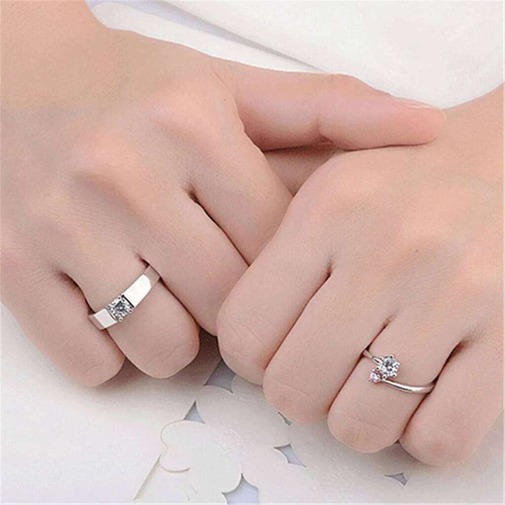 Romantic Couple Set Shiny Lab Diamond 2Pcs Adjustable Rings Fashion Wedding Engagement Promise Jewelry for Men Women H260228