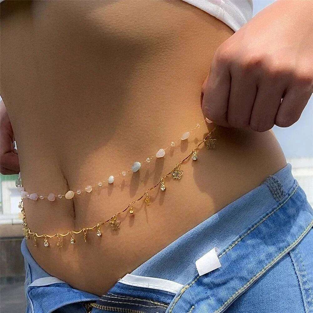 Sexy Double Layer Colorful Stone for Women Crystal Butterfly Waist Bead Chain Belly Belt Summer Beach Body Jewelry H260228