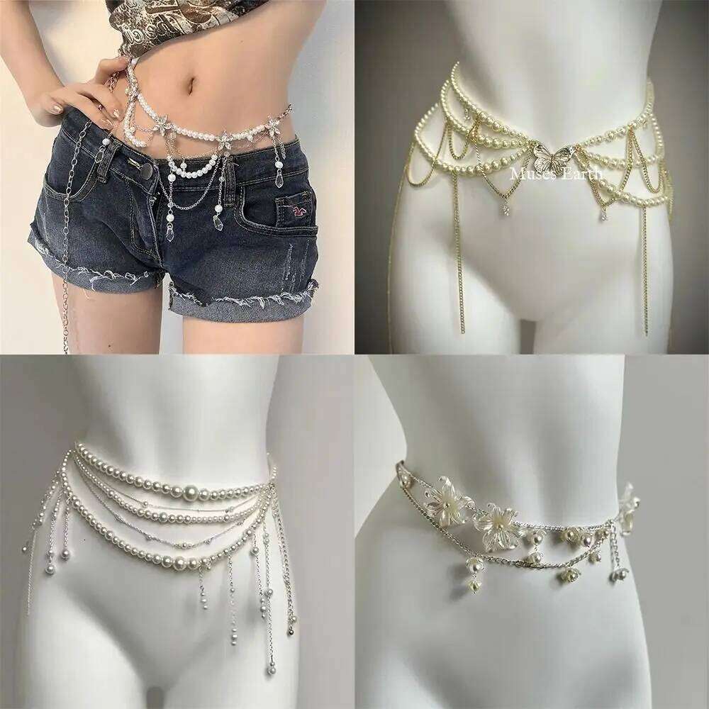 Fashion Elegant Pearl Chains Versatile Boho Floral Belly Waist Accessory Hip Chain Women H260228