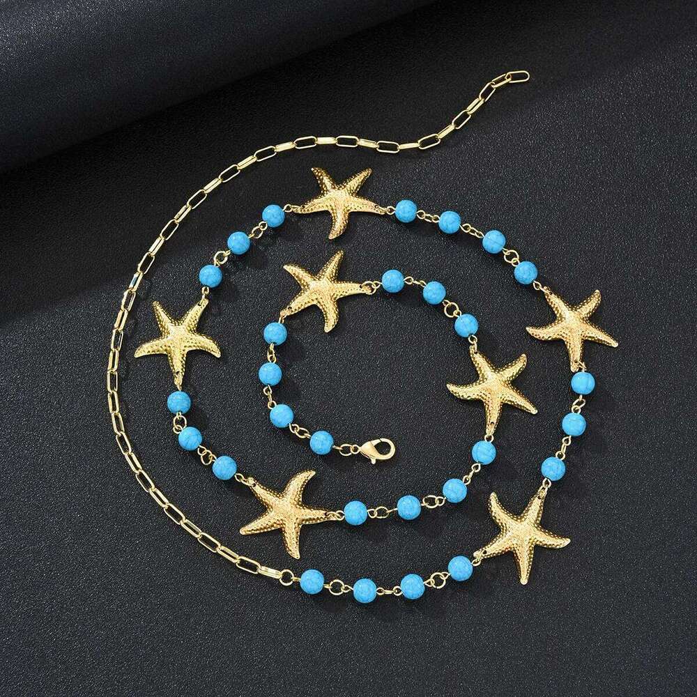 Bohemian Turquoise Starfish Waist for Women Trendy Temperament Gold Color Belly Chain Summer Beach Bikini Body Jewelry New H260228