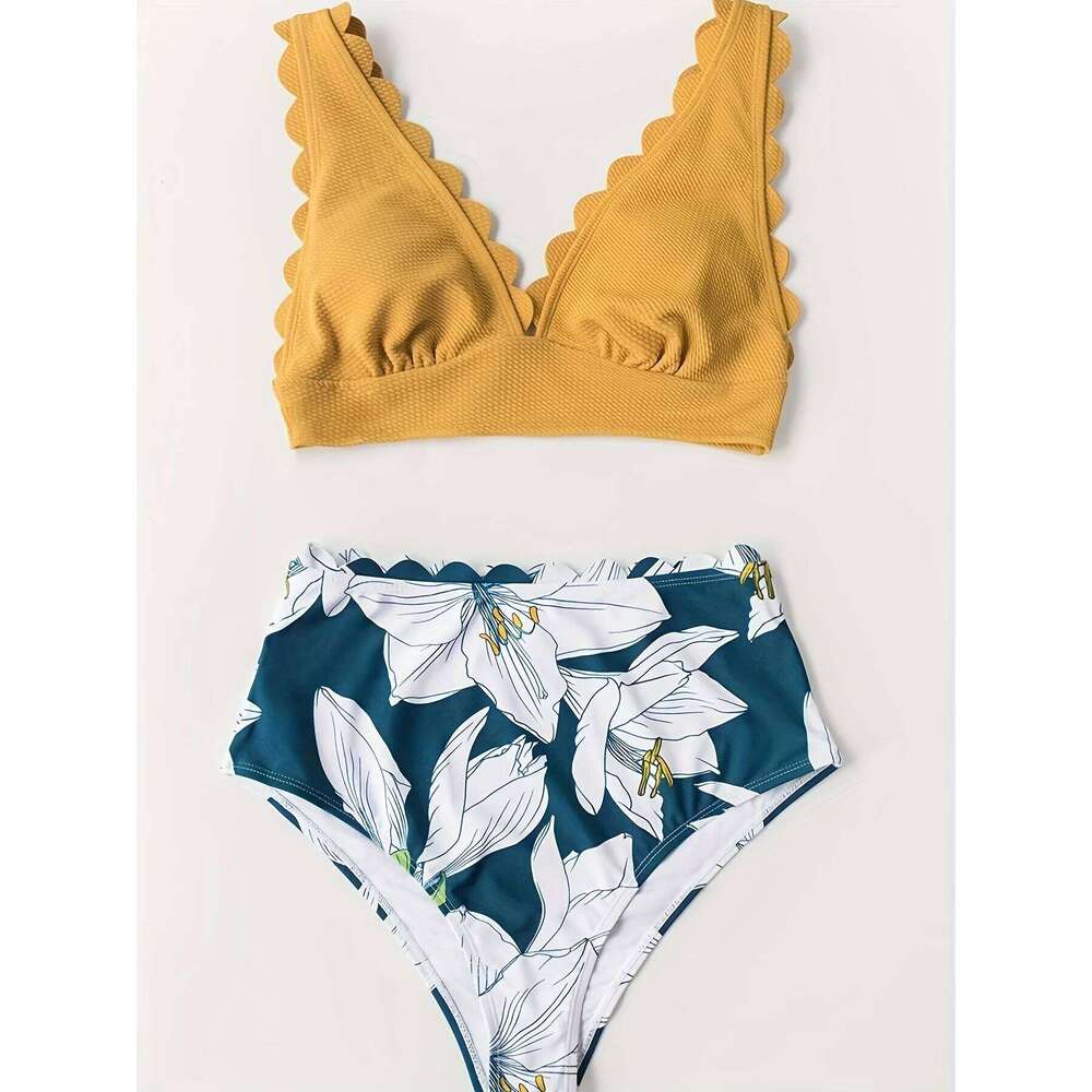 Floral Print V Neck Bikini Sets, Back Tie Side Out Waist High Cut Two Pieces Swimsuit, Women's Swimwear & Clothing Z260301