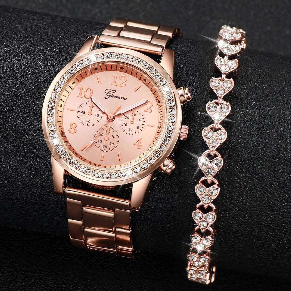 2PCS Women's Fashion Rhinestone Ladies Analog Quartz es Set Reloj Mujer Girls Clock Gift H260228