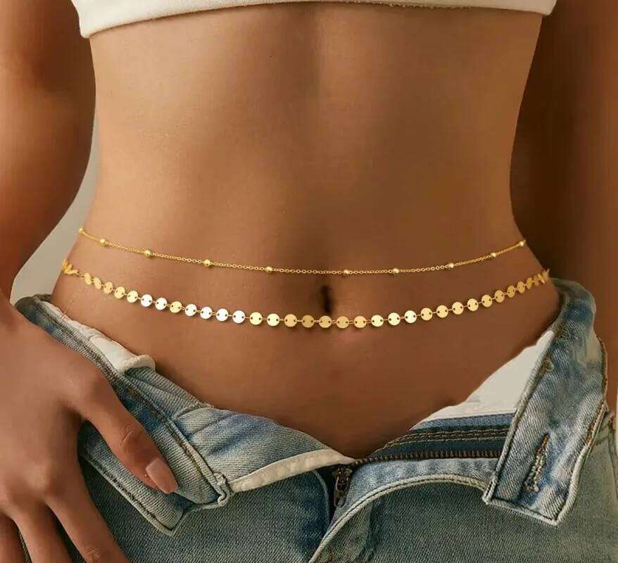 Chain, 14K Gold Plated Belly Adjustable Waterproof Body Chain Sexy Bikini Waist for Women Satellite Beads H260228