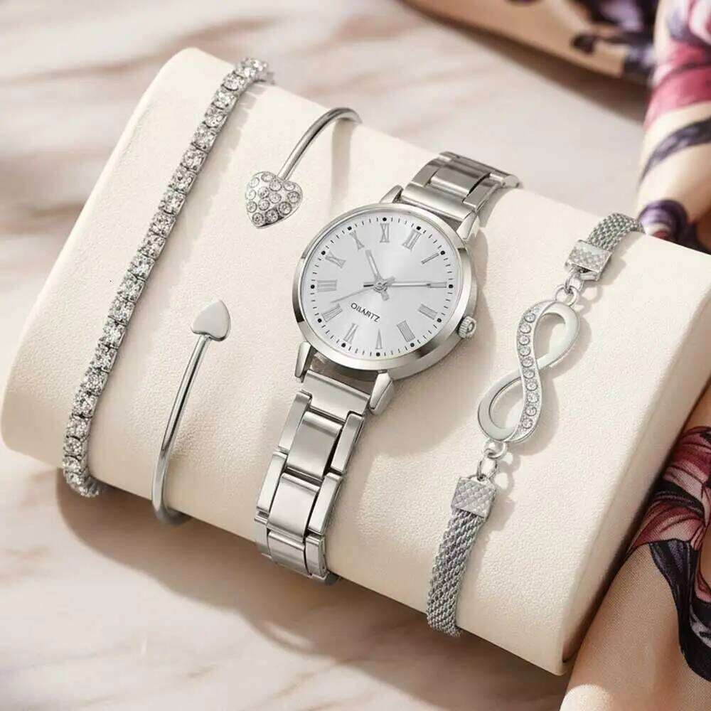 4PCS Fashion Women's Trendy Simple Roman Numerals Scale Round Dial Quartz Set Perfect Gift H260228