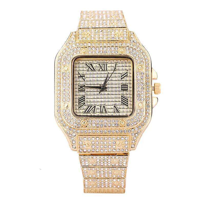 Fashion Full Diamond Square Quartz for Men Women Luxurious Stainless Steel Strap Rhinestone Studded Dial H260228