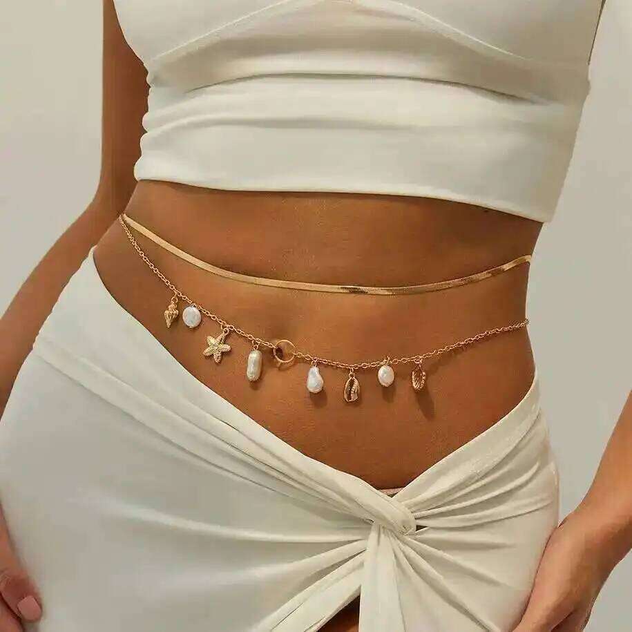Ingemark 2Pcs/Set Summer Beach Vacation Sexy Bikini Waist Boho Imitation Pearl Starfish Conch Pendant Body Chain Jewelrry H260228