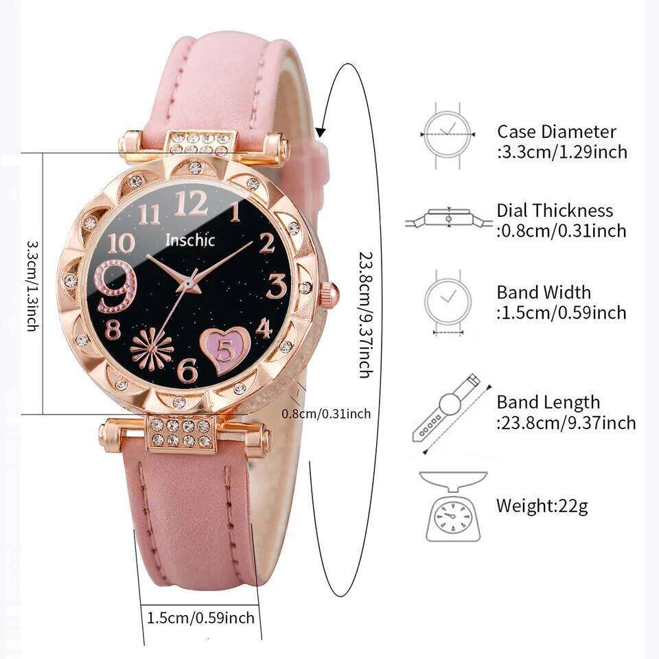 6PCS/Set Fashion Heart Dial Women's Casual Leather Band Analog Quartz Leaf s SetWithout Box H260228