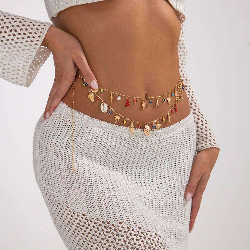 Personality Women's Body Multi-Element INS Style Metal Thin Waist Chain Gold Pendant Double-Layer Versatile Belt H260228