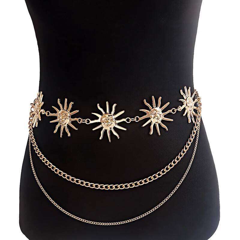 Multilayer Punk Gothic Moon Sun Metal For Women Dress Jewelry Chain Waist Belts H260228