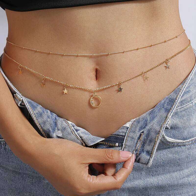 Fashion Moon Star Body Summer Beach Sexy Metal Charm Double-Layer Waist Chain Fashionable Women's Bikini Accessories H260228