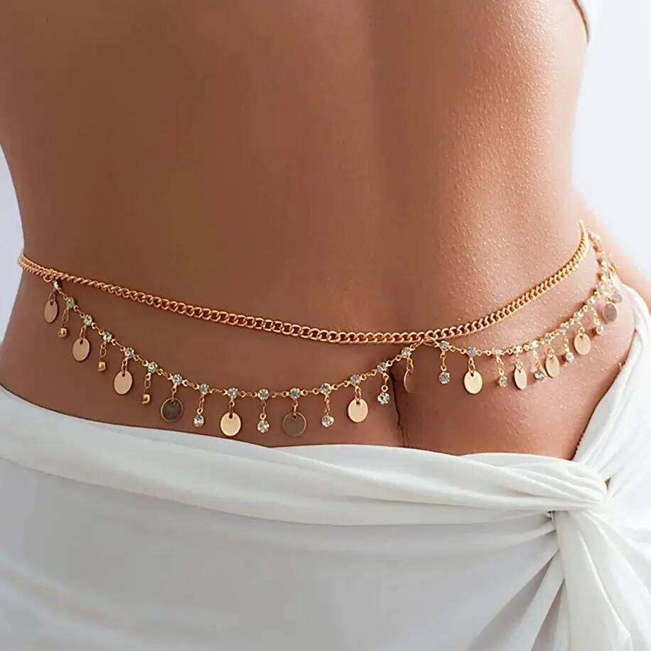 Aesthetic Shiny Rhinestone Sequins Multilayer Belly Waist Chain for Women Sexy Bikini Star Cross Belt Summer Beach Body Jewelry H260228