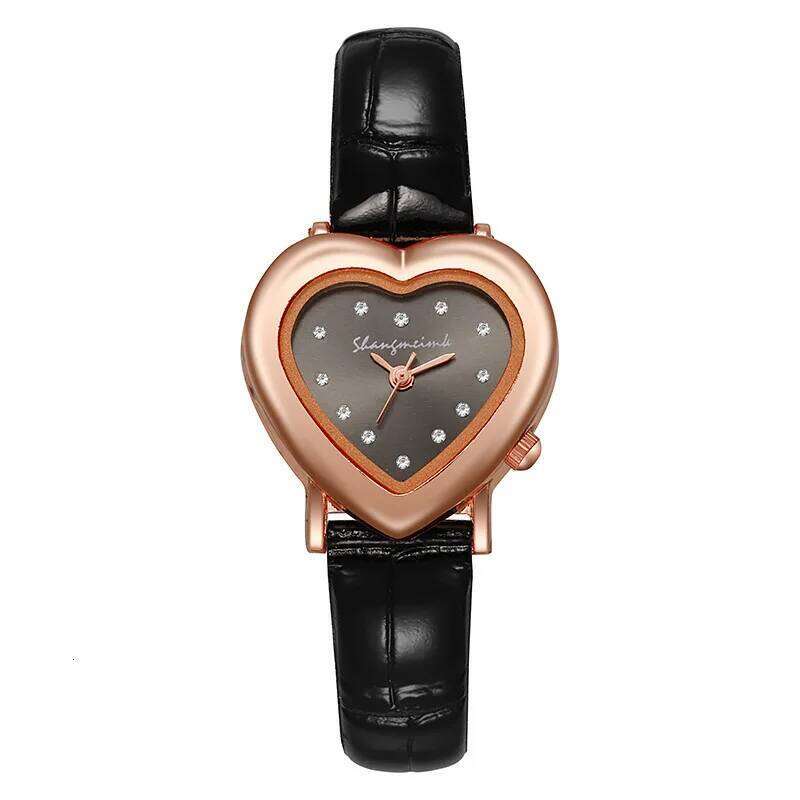 Women's Fashion Rhinestone Heart Dial Leather Band Quartz es H260228