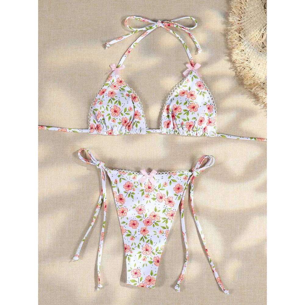 Pink Floral Print Bikini String Swimwear Triangle Swimsuit Halter Swimsuits Women Beach Suit Cute Beachwear Z260301