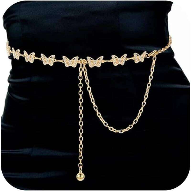 - Fashion Waist Chain Belt with Moon, Butterfly Rhinestone & Layered Design H260228