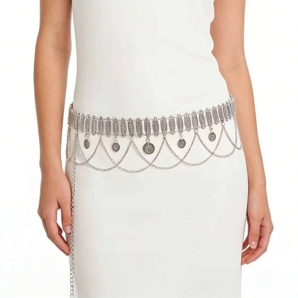 Vintage Zinc Alloy Antique Silver Waist Exotic Style Multi-layer Coin Pendant Body Chain Women Belt H260228