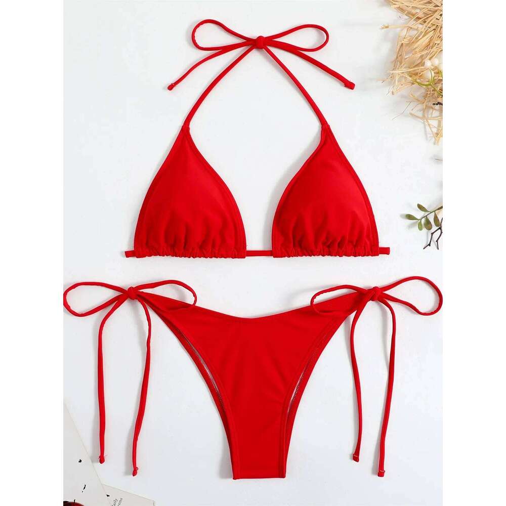 Sexy Brown Bikini 2025 Women Solid Red Halter Push Bra Tie Side Triangle Swimsuit Summer Bathing Suit Lace Up Micro Swimwear Z260301