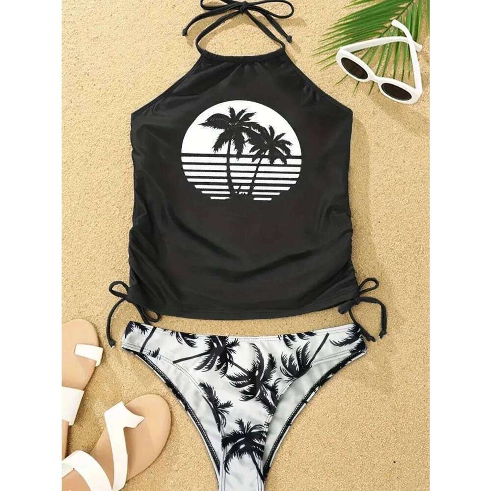 Sexy Solid Print Tankini Set Tied Halter Women Swimwear Biquinis Summer Backless Beach Bathing Suit One Piece Swimsuit Z260301