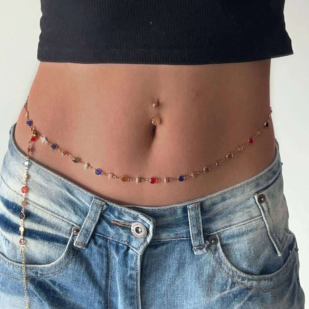 Fashion Colored Glass Crystal Waist Chain for Women Punk Summer Sexy Beach Bikini Body Jewelry Y2K Accessories H260228