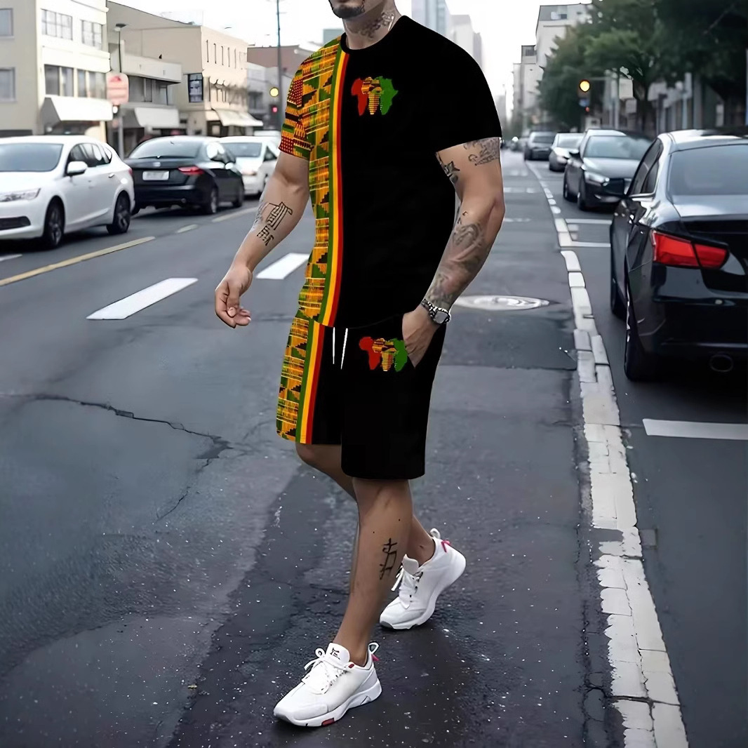 Luxury Brand Designer Clothes Foreign Trade Summer Trendy Men's Casual Sports Shorts And Short-Sleeve Shirt Printed Set - view 3