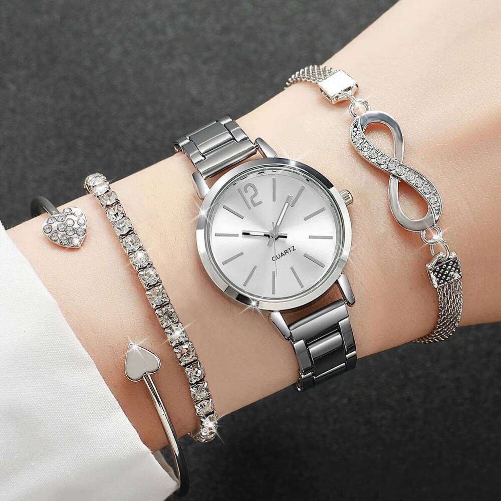 4PCS Fashion Women's Silver Steel Band Ladies Quartz es Rhinestone Bangles SetWithout Box H260228