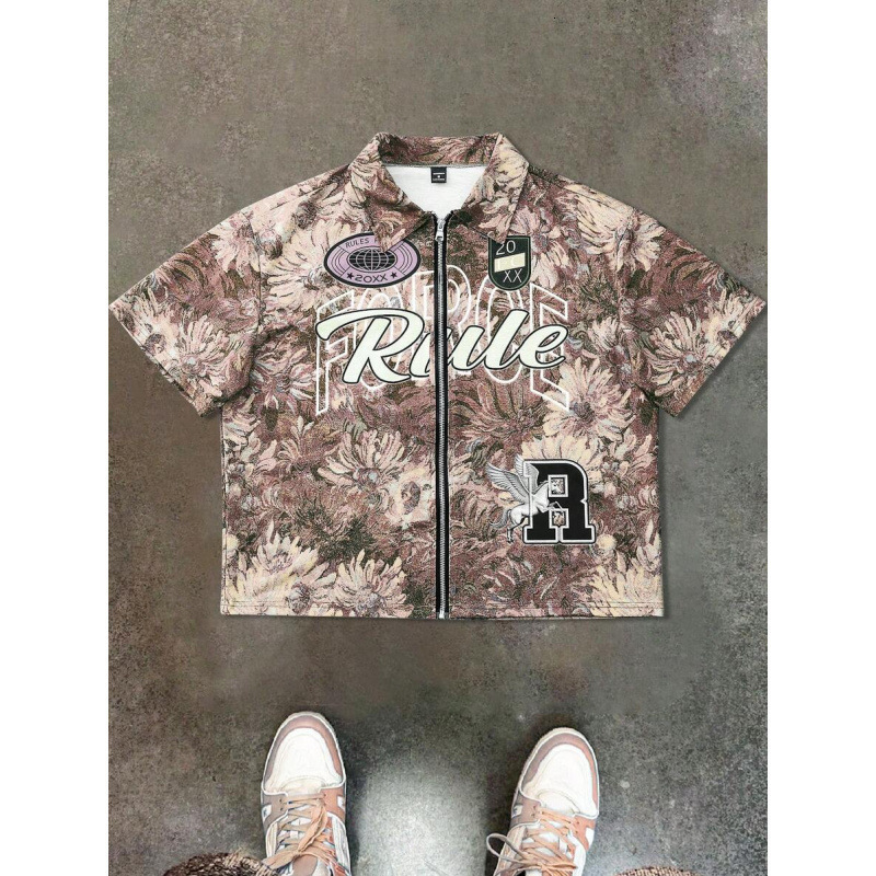 Luxury Brand Designer Clothes Temu Hot-Selling American Retro Short-Sleeve Zip-Up Shirt With 3D Letter Print, Unisex Style