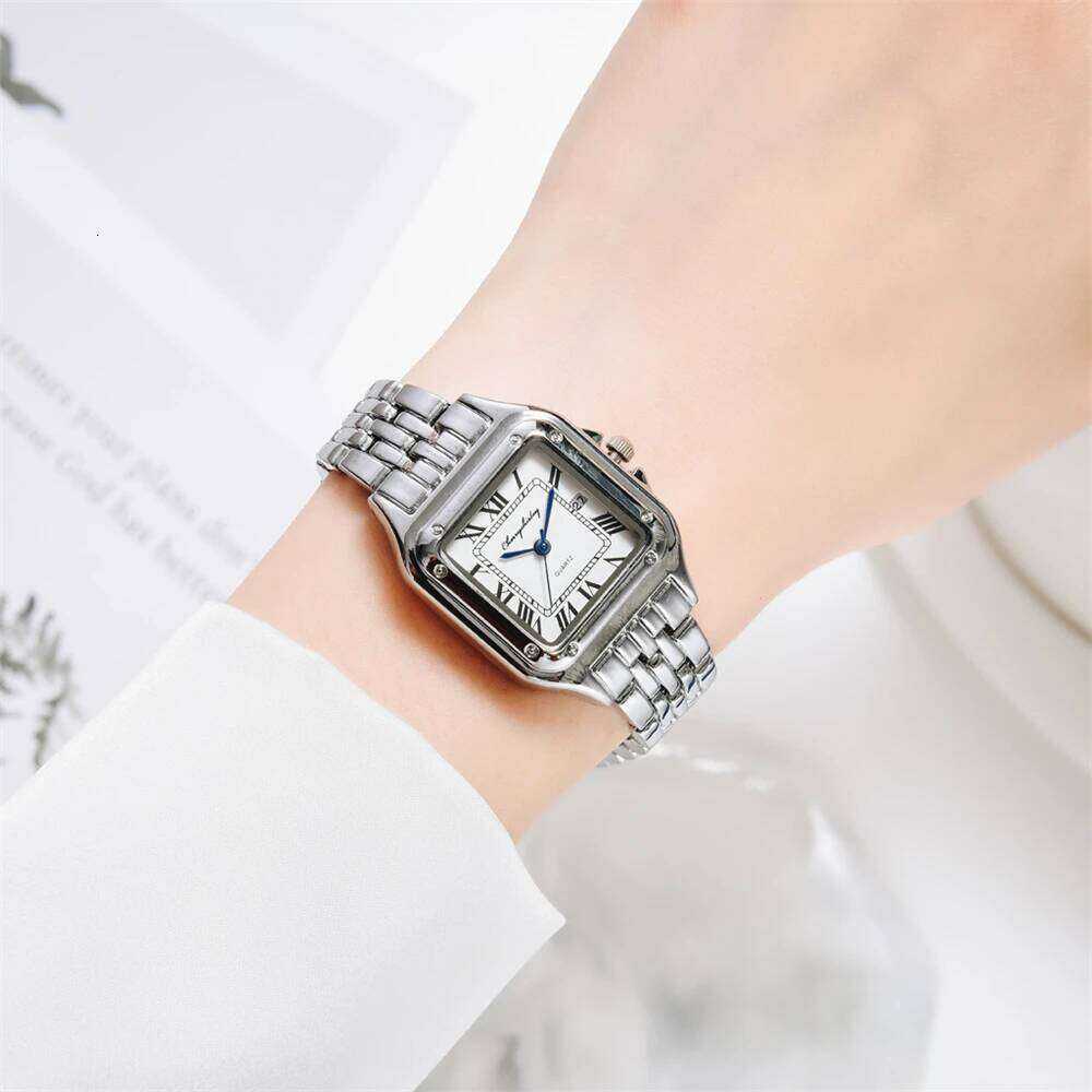 Branded es 2025 Simple Square Roman Calendar Women Quartz Fashion Stainless Steel Strap Ladies Clock H260228