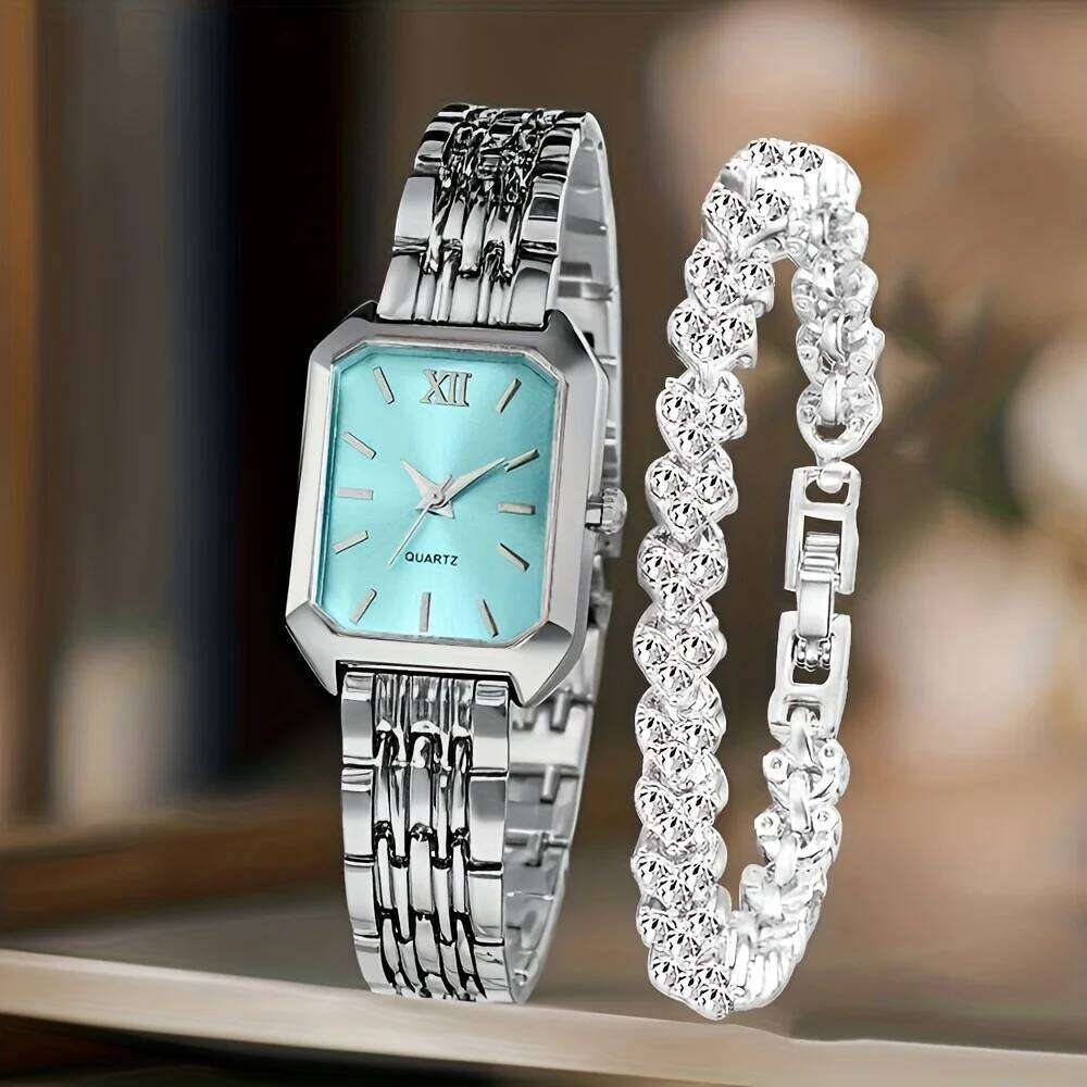 2PCS Fashion Rectangle Women Quartz Rhinestone Set Ladies Roma Dial Wrist Reloj Mujer Girls Clock Gift H260228