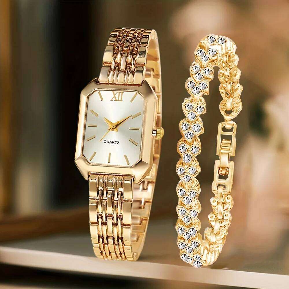2PCS Fashion Rectangle Women Quartz Rhinestone Set Ladies Roma Dial Wrist Reloj Mujer Girls Clock Gift H260228