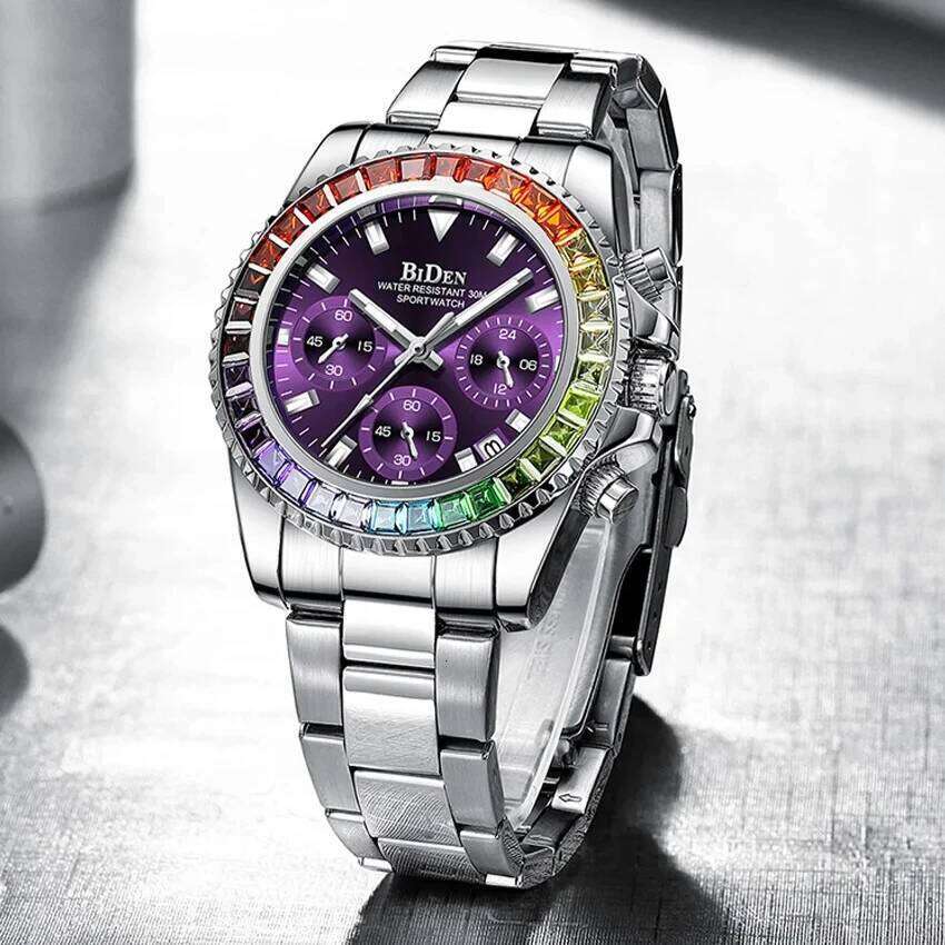Silver Stainless Steel Elegant Women es Multi Function Chronograph Waterproof Calendar Lady Quartz Wrist Purple H260228