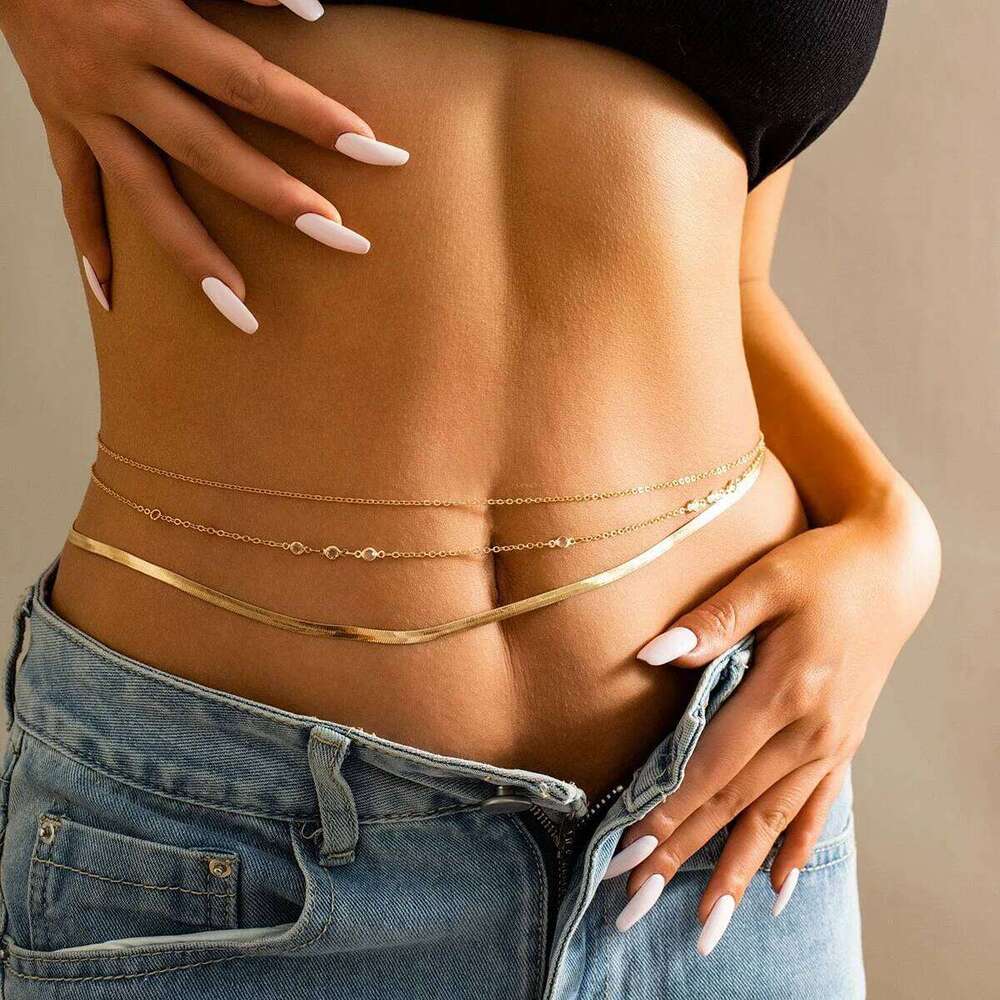3Pcs Gold Color Flat Snake Belly Waist Chain Boho Rhinestone Belt Women's Summer Bikini Accessory Sexy Body Jewelry H260228