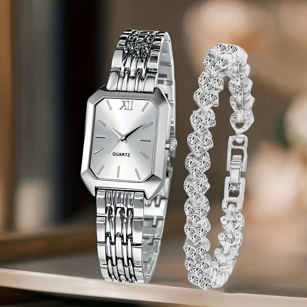 2PCS Fashion Rectangle Women Quartz Rhinestone Set Ladies Roma Dial Wrist Reloj Mujer Girls Clock Gift H260228