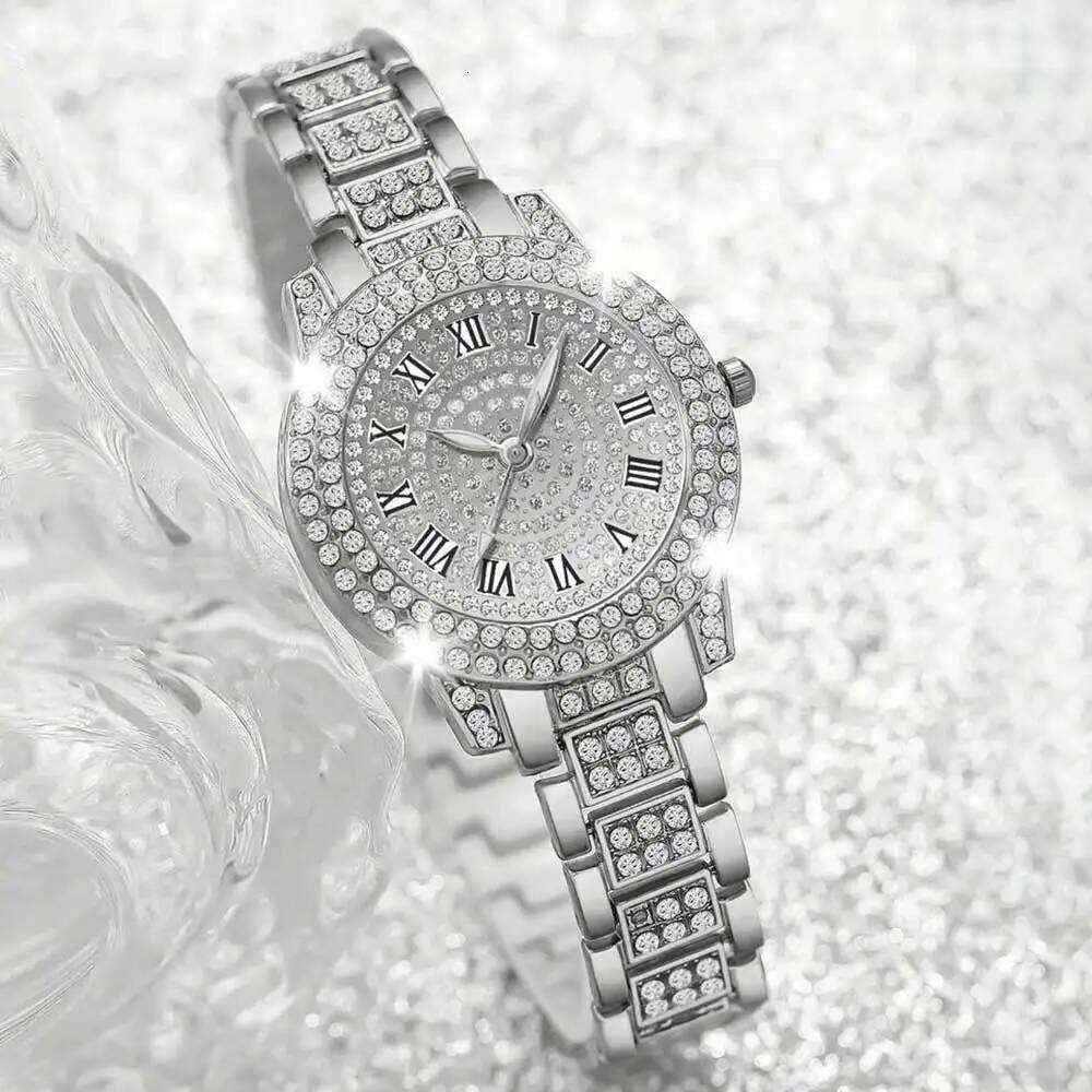 4 Pieces Fashionable Luxury Women's with Rhinestone Roman Numbers Round Dial Quartz Perfect Gift Set H260228
