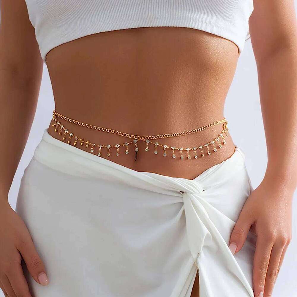 Aesthetic Shiny Rhinestone Sequins Multilayer Belly Waist Chain for Women Sexy Bikini Star Cross Belt Summer Beach Body Jewelry H260228