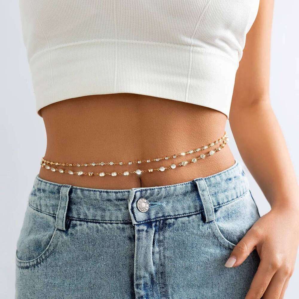 Exquisite Bilayer Bikini Belly Chains Sexy Women Shining Rhinestone Waist Chain Summer Beach Party Body Jewelry Y2K Accessories H260228