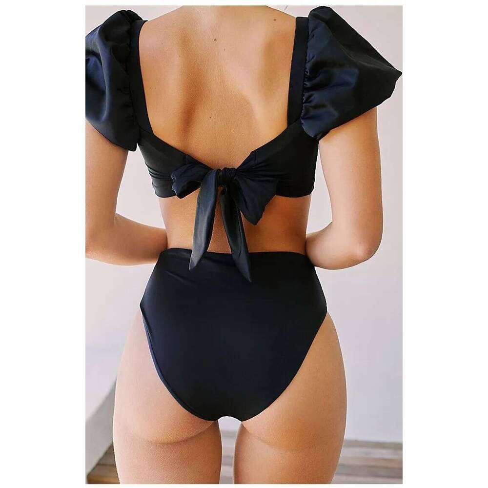 2024 Bikinis Sexy Solid Color Backless Puff Sleeves Split Swimsuit Black Feminine Summer Beachwear Bathing Suit Women Swimwear Z260301