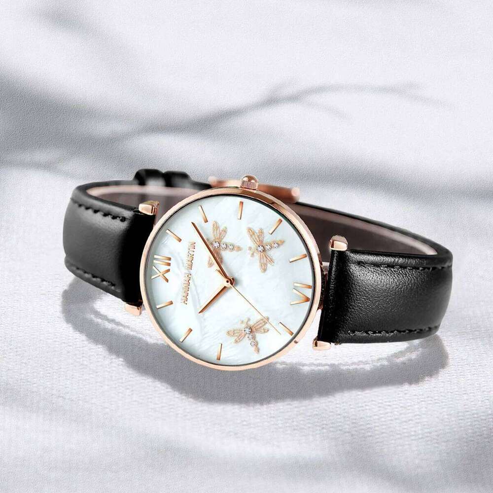 Hannah Martin Fashion Rose Gold Womens Japanese Quartz Movement Casual Leather Strap 3Bar Waterproof Dragonfly Women H260228