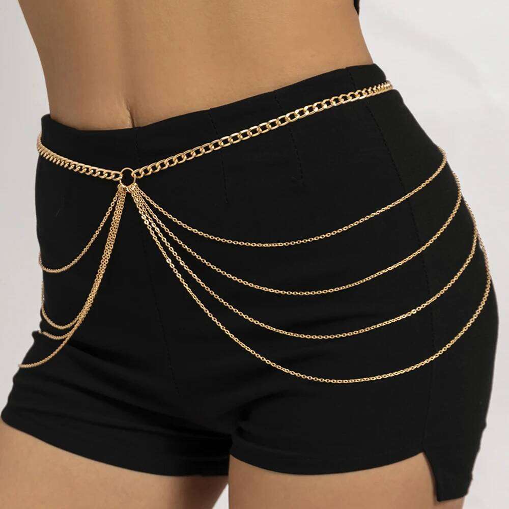 IngeSight.Z New Multi-layer Tassel Hip High Waist For Women Gold Color Metal Chain Waistband Party Dress Belts Accessorie H260228