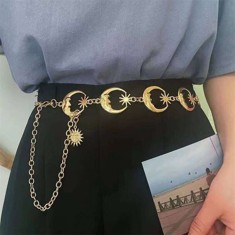 Hip Hop Star Moon Metal Waist Chain Belt For Women Golden Silver Hollow Waistband Girls Body Chains Clothes Decorative Girdles H260228