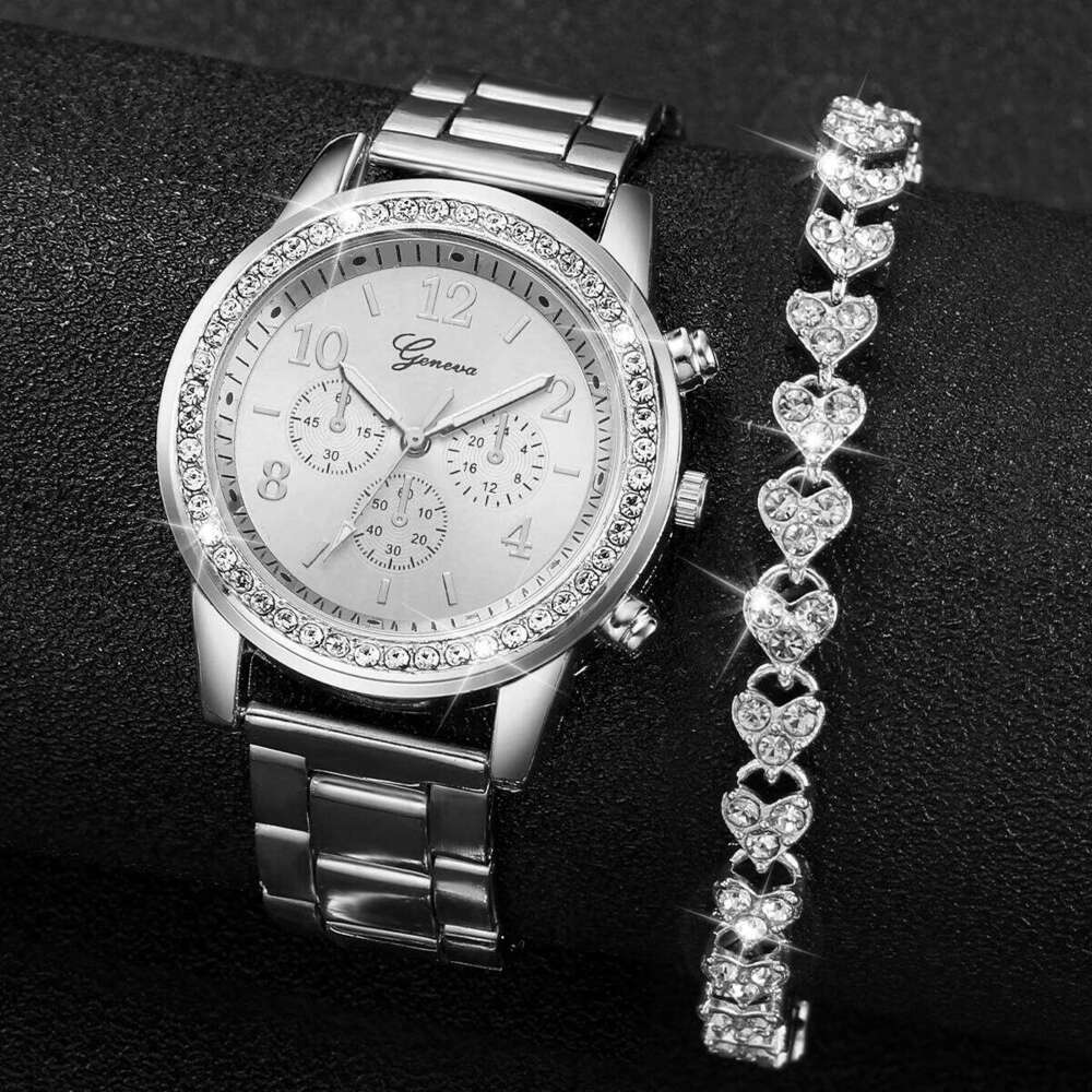 2PCS Women's Fashion Rhinestone Ladies Analog Quartz es Set Reloj Mujer Girls Clock Gift H260228