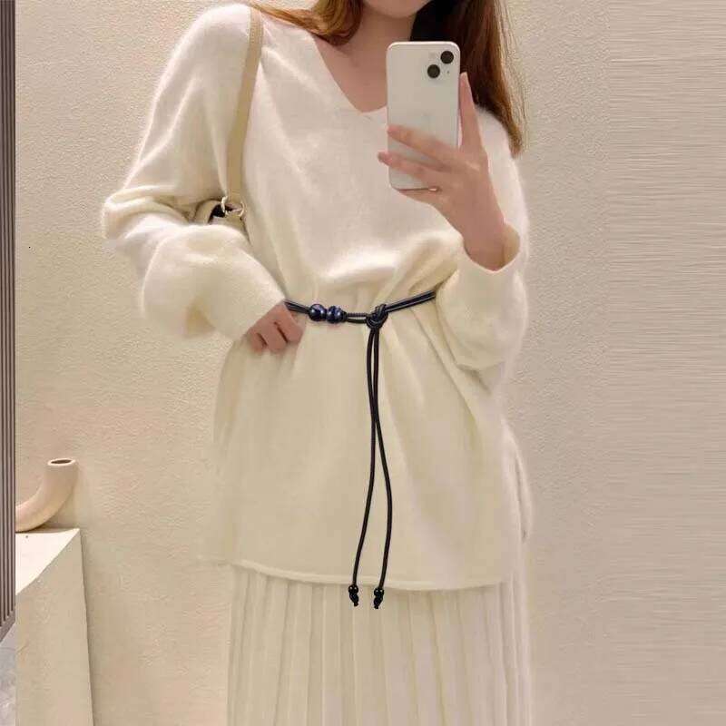 New Chinese Thin Belt for Women Ethnic Style Leather Beaded Dress Long Rope Knotted Waist Chain Jewelry H260228