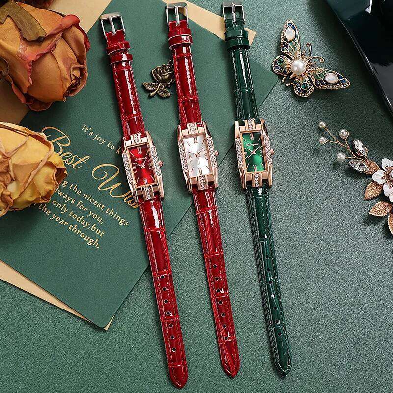 Women's square small green , diamond inlaid quartz H260228