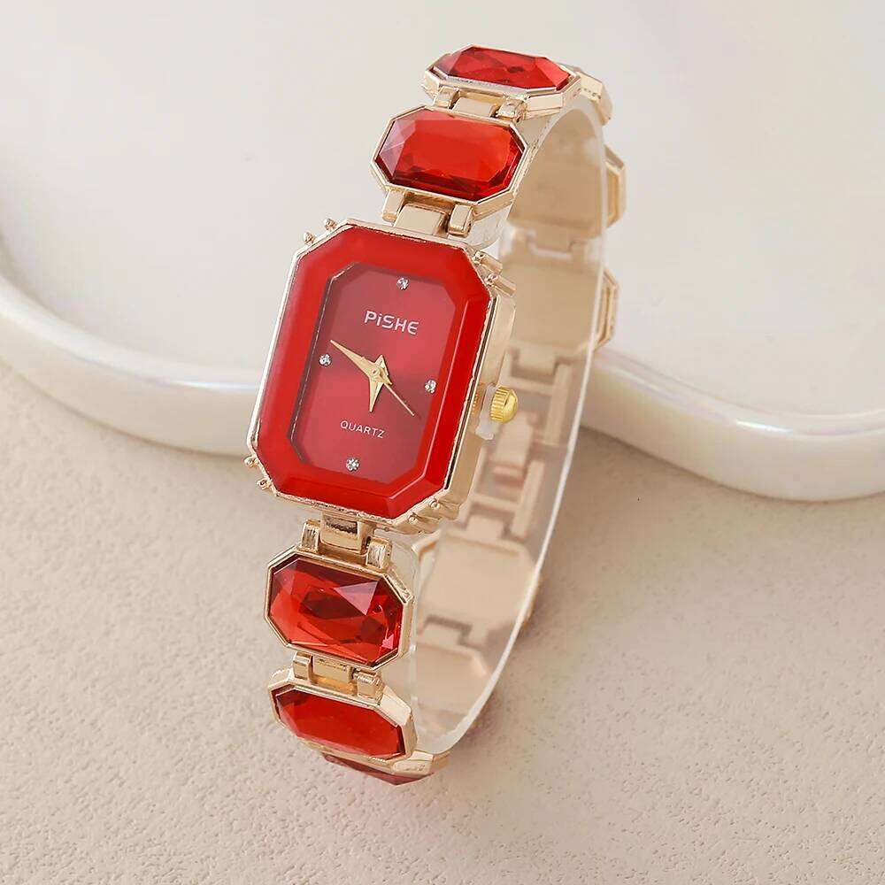 New Fashion Small Candy Colored Water Glass for Foreign Trade Women's Square Steel Strip with Diamond Dec H260228