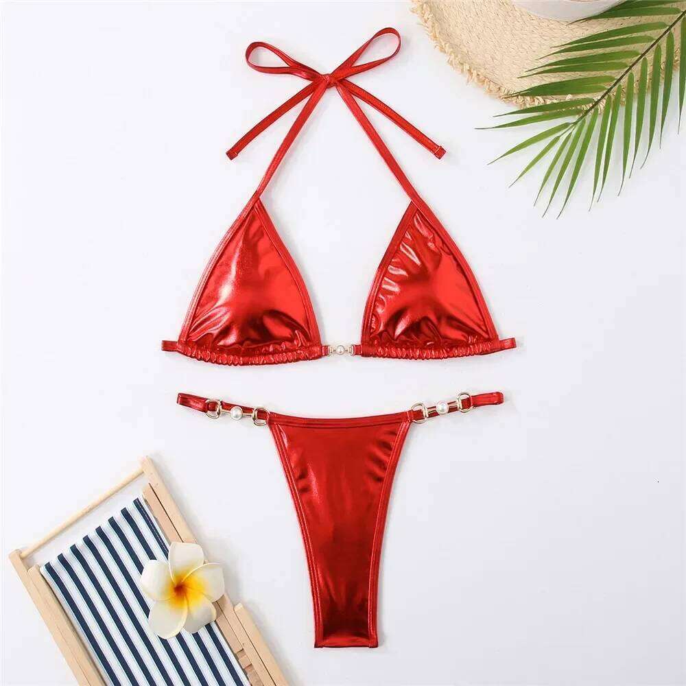 Shiny Red String Halter Triangle Micro Bikinis Sets Sexy Swimsuit Women Thong Bathing Suit Lace-up Bikini 2025 Mujer Biqiunis Z260301