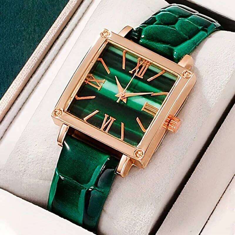 Green Women's Set Fashion Trend Simple Rectangular Dial Quartz Perfect Gift H260228