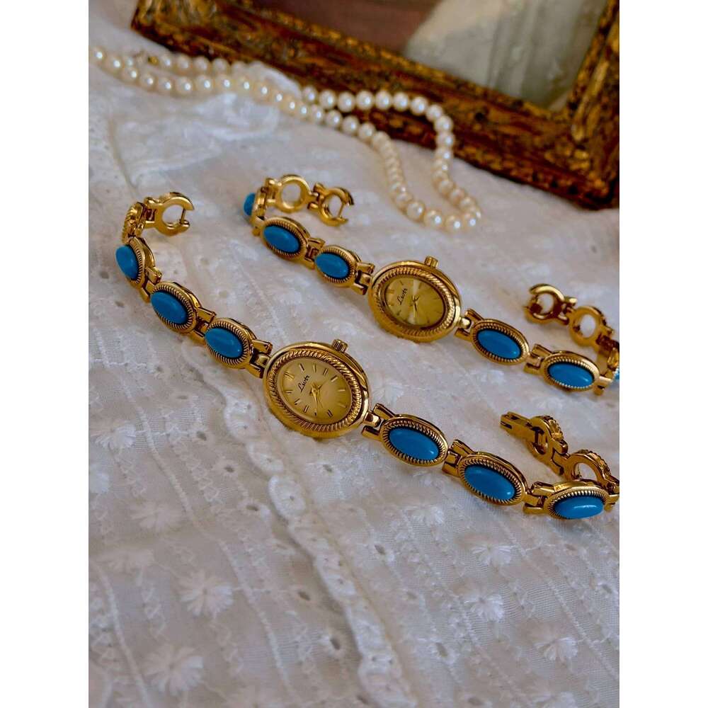 1 Piece of French Fashionable and Elegant Women's Artificial Turquoise Stone Inlaid Strap 30m Waterproof Oval Quartz with Classic Retro Dial, Sui